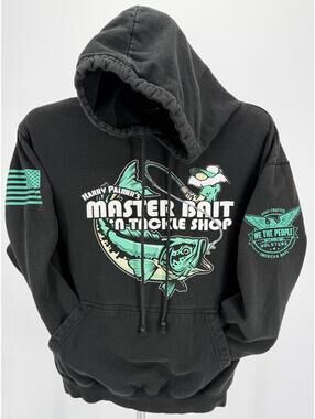 Vintage We the people Black Graphic Hoodie Master Bait Tackle Shop Streetwear M